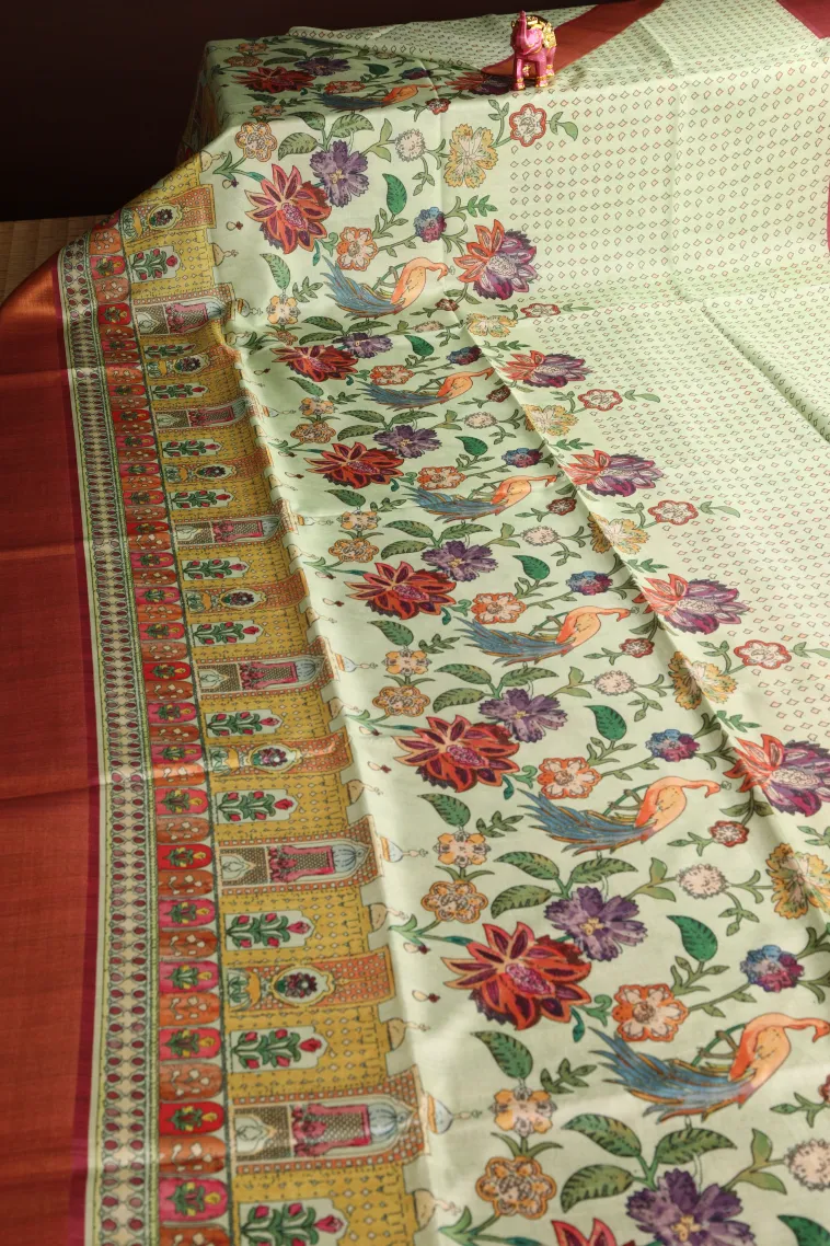 Olive Green Tussar Saree Without Zari With Floral Patterns view 2