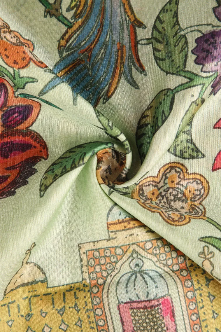 Olive Green Tussar Saree Without Zari With Floral Patterns view 4
