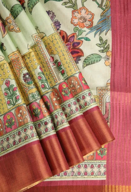 Olive Green Tussar Saree Without Zari With Floral Patterns