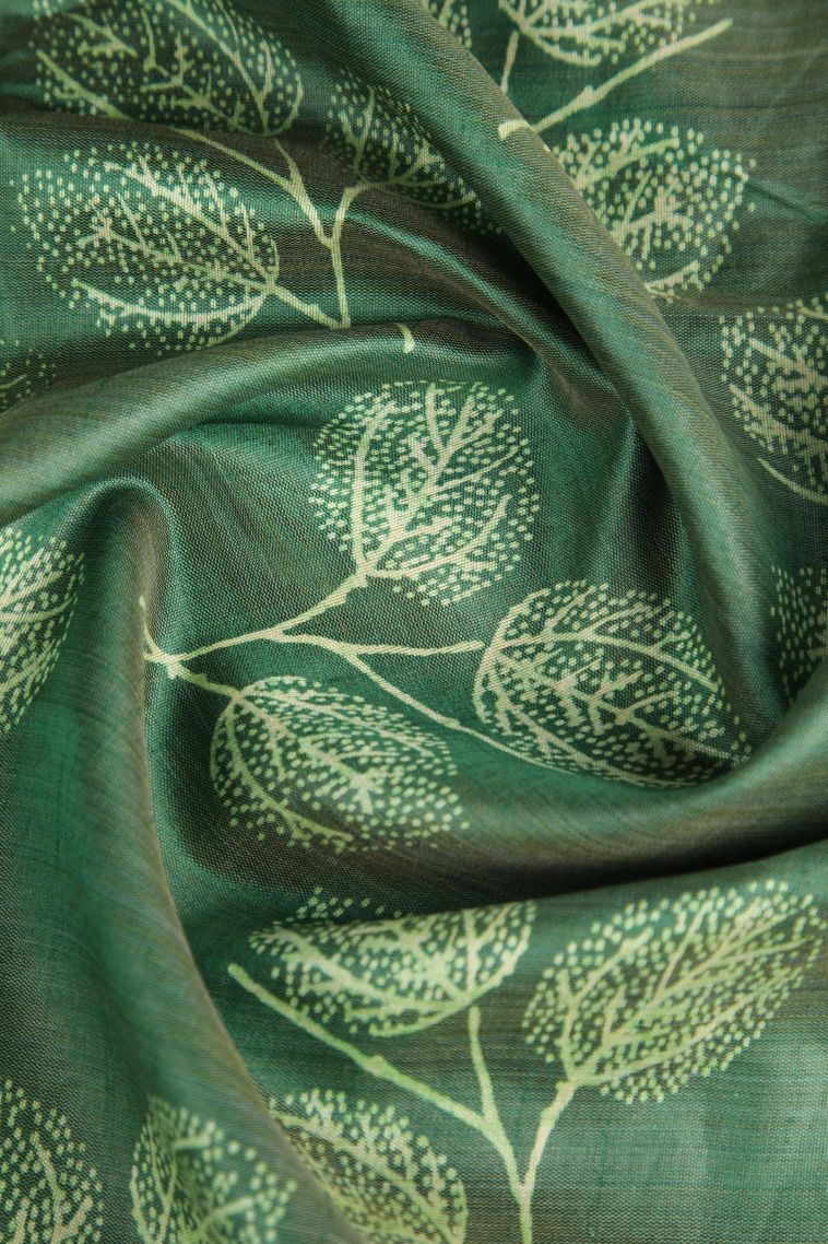 Basil Green Semi Raw Silk Printed Gold Zari with Leaf Pattern view 4