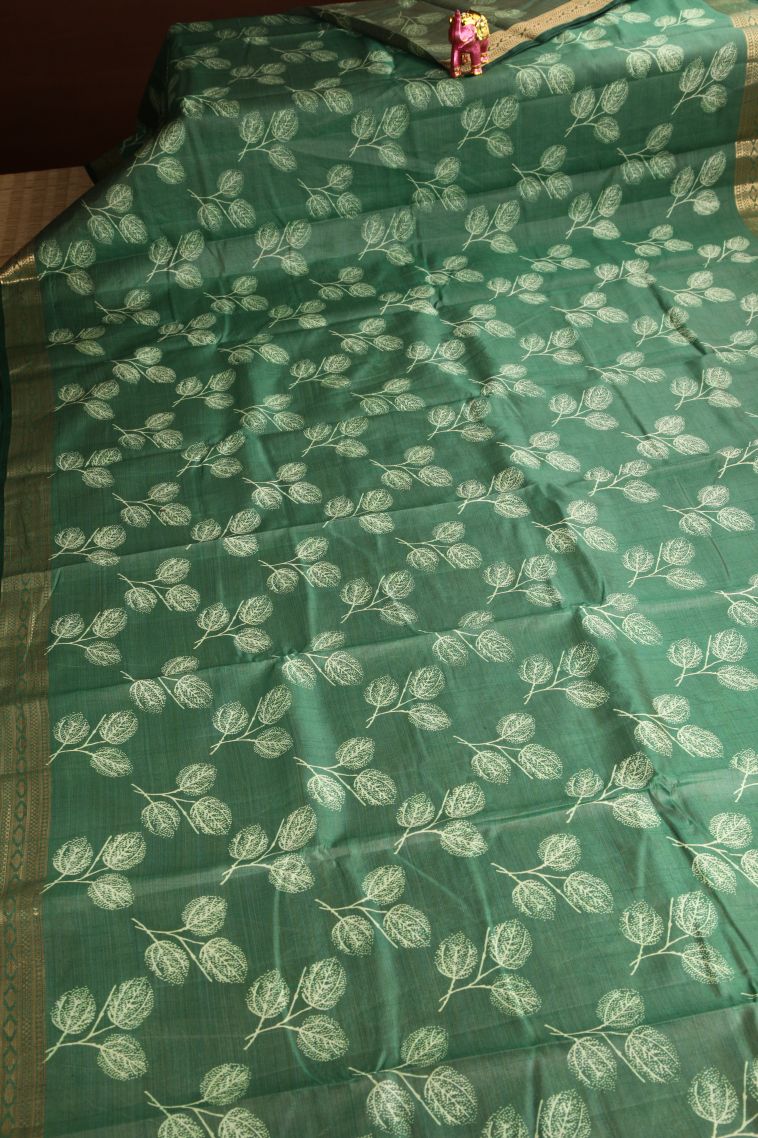 Basil Green Semi Raw Silk Printed Gold Zari with Leaf Pattern view 2