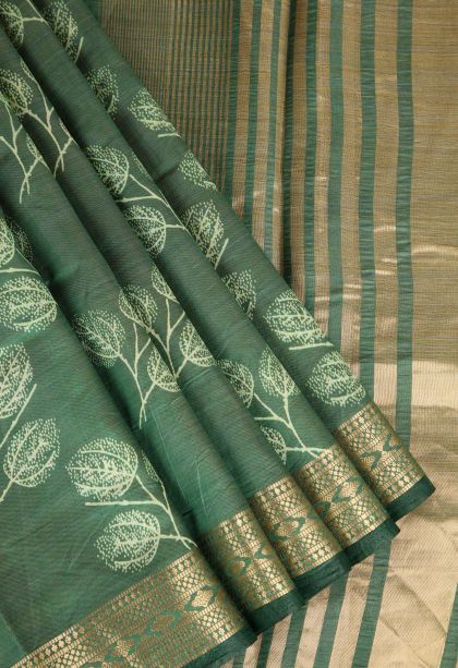 Basil Green Semi Raw Silk Printed Gold Zari with Leaf Pattern
