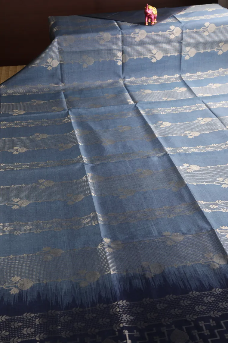 Aegean Blue Tussar Saree with Antic Zari Floral Patterns view 2