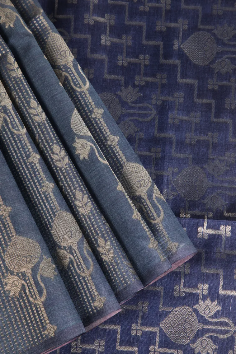 Aegean Blue Tussar Saree with Antic Zari Floral Patterns