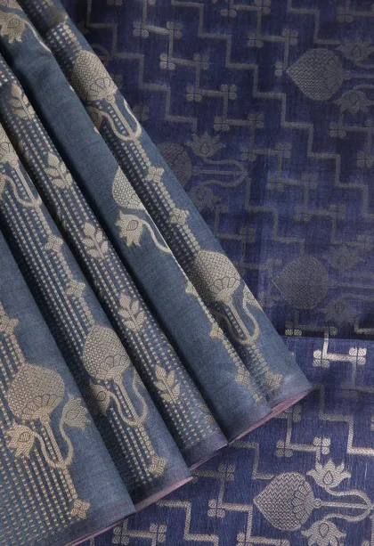 Aegean Blue Tussar Saree with Antic Zari Floral Patterns