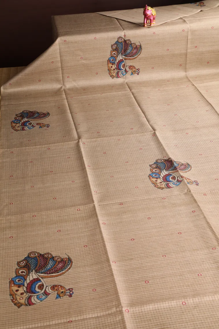 Linen White Tussar Saree Without Zari With Peacock Motifs view 2