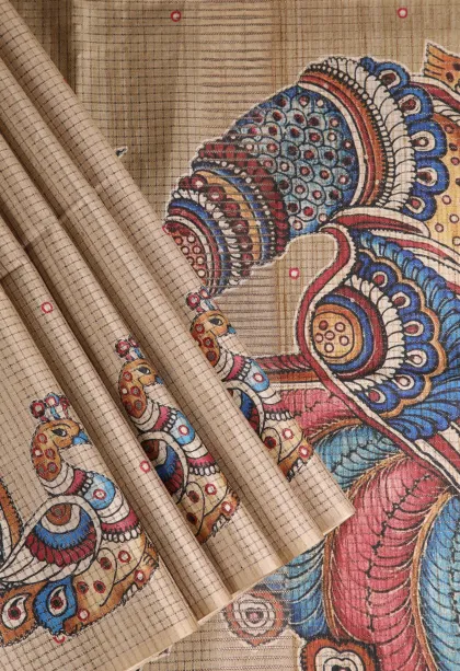 Linen White Tussar Saree Without Zari With Peacock Motifs