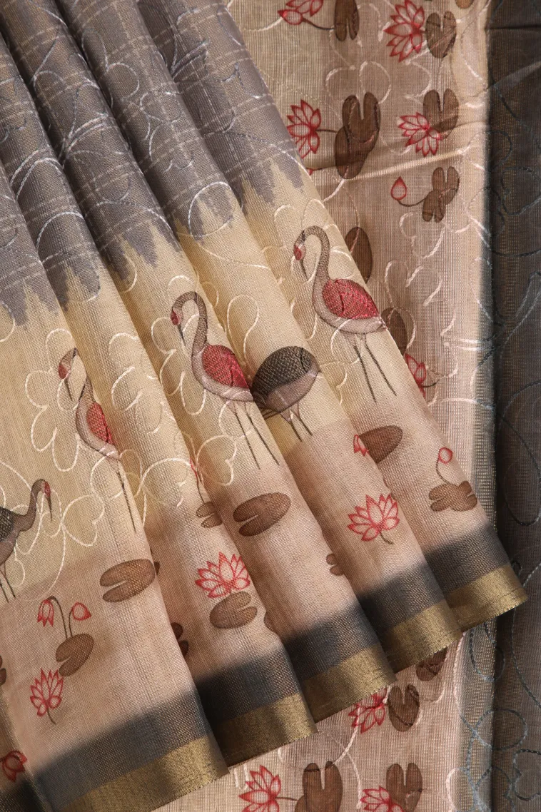 Slate Blue Linen Saree Without Zari With Embroidary view 1