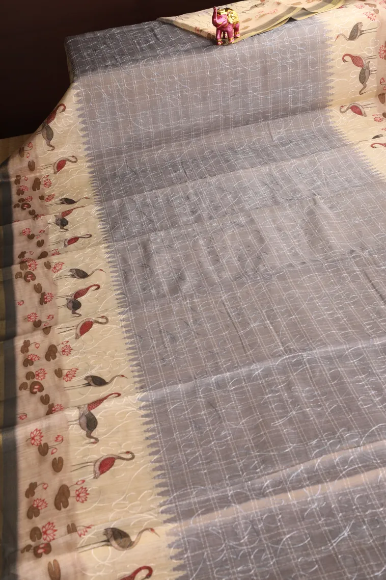 Slate Blue Linen Saree Without Zari With Embroidary view 2