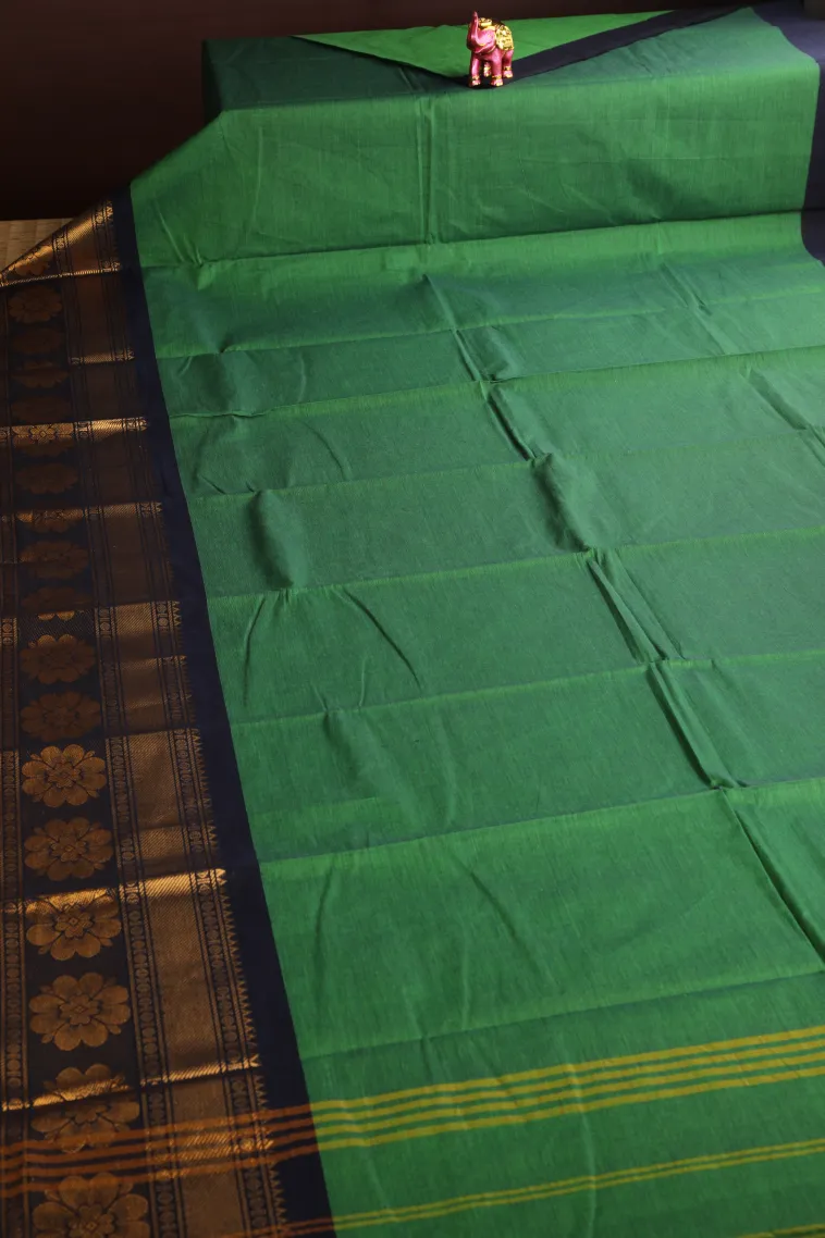 Basil Green Chettinad Cotton Sarees with Gold Zari Plain view 2