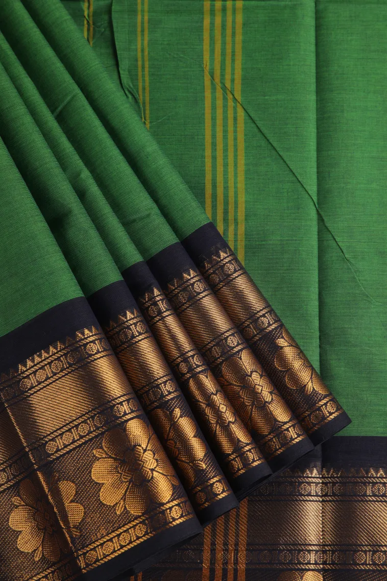 Basil Green Chettinad Cotton Sarees with Gold Zari Plain