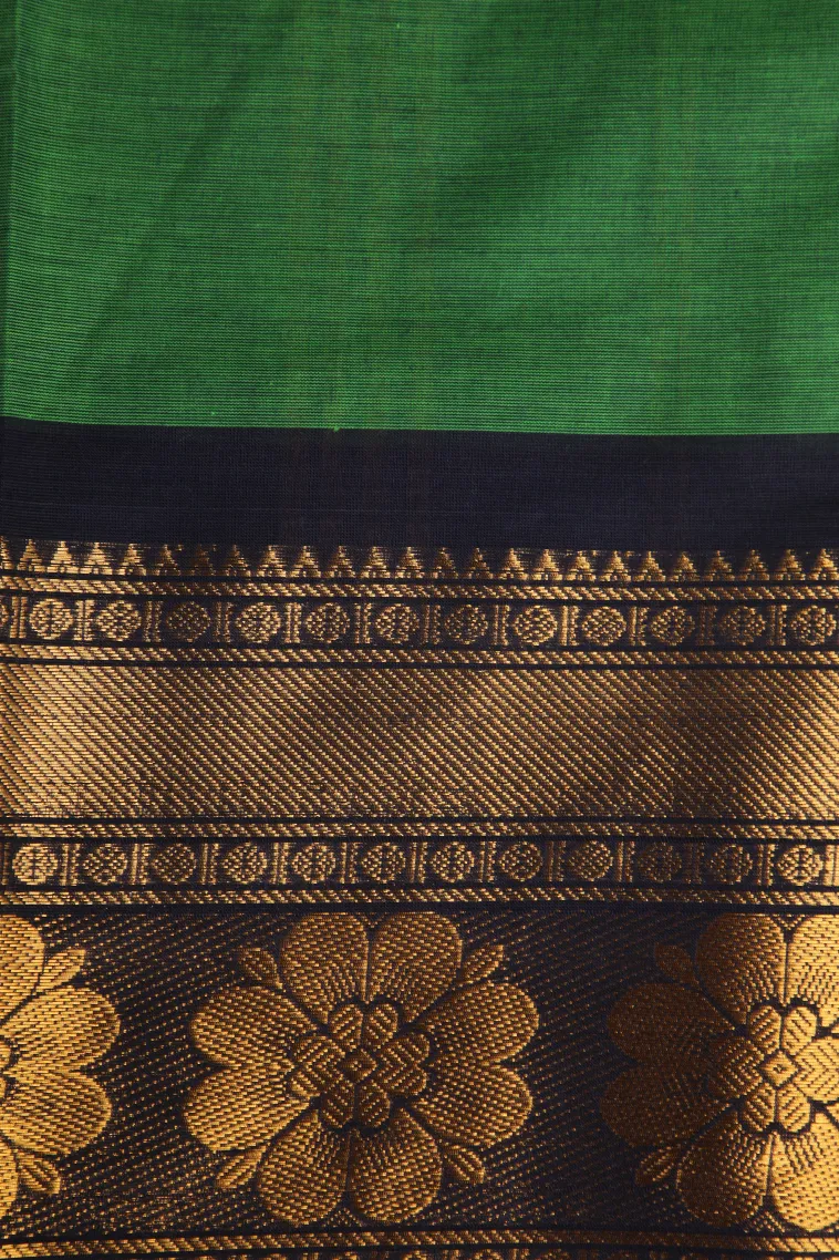 Basil Green Chettinad Cotton Sarees with Gold Zari Plain view 3