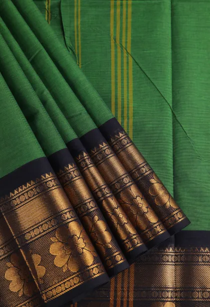 Basil Green Chettinad Cotton Sarees with Gold Zari Plain