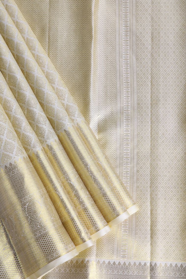 Cream White Kanchipuram Silk Sarees with Gold Zari Jacquard view 1