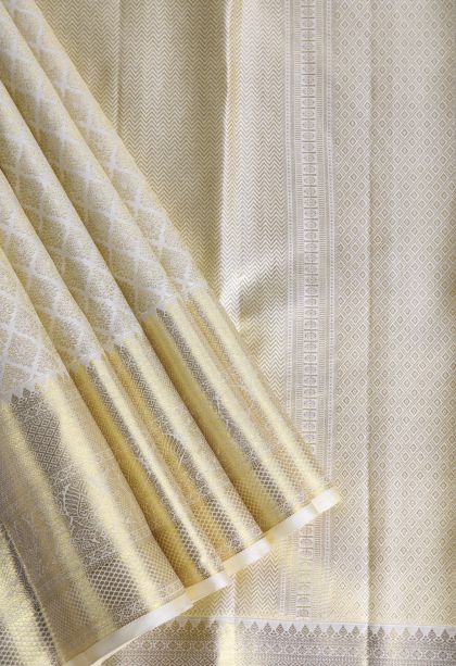 Cream White Kanchipuram Silk Sarees with Gold Zari Jacquard