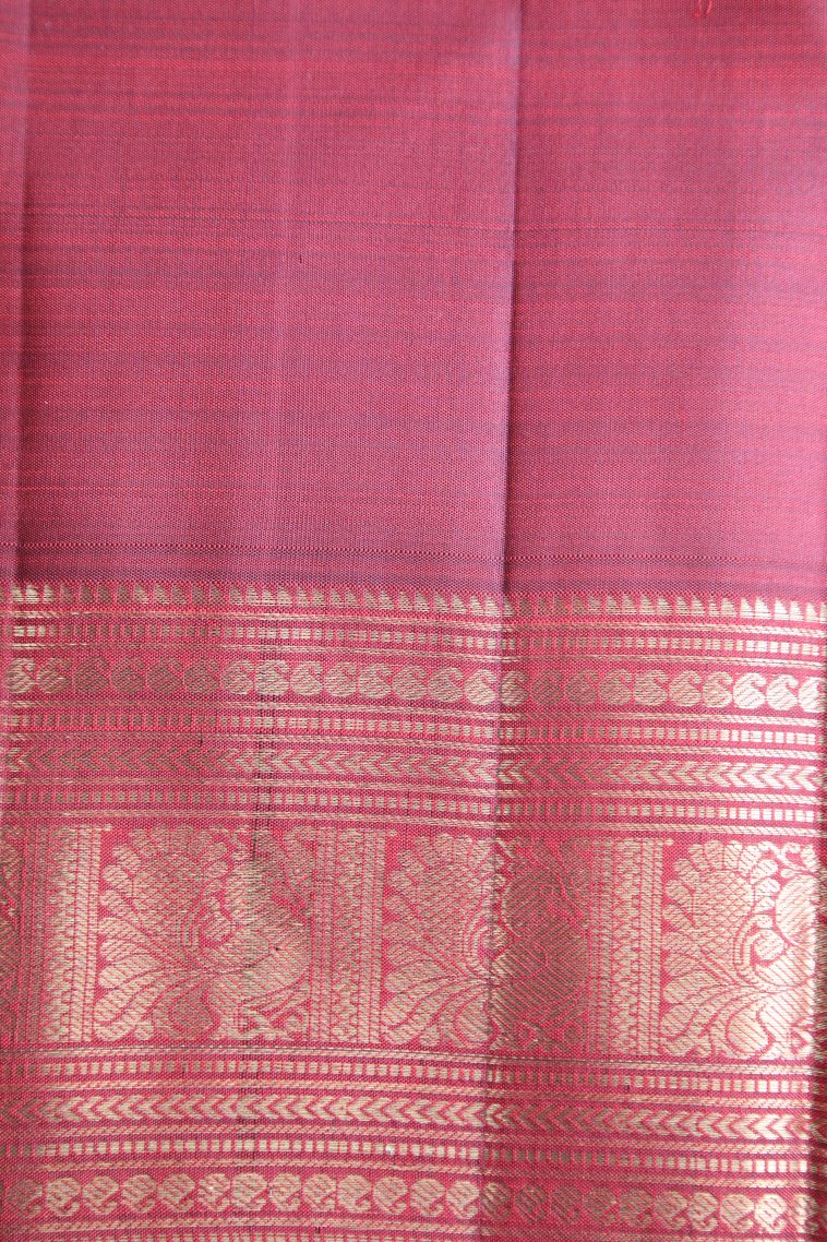 Cherry Red Kanchipuram Silk Sarees with Gold Zari Peacock Motifs view 3