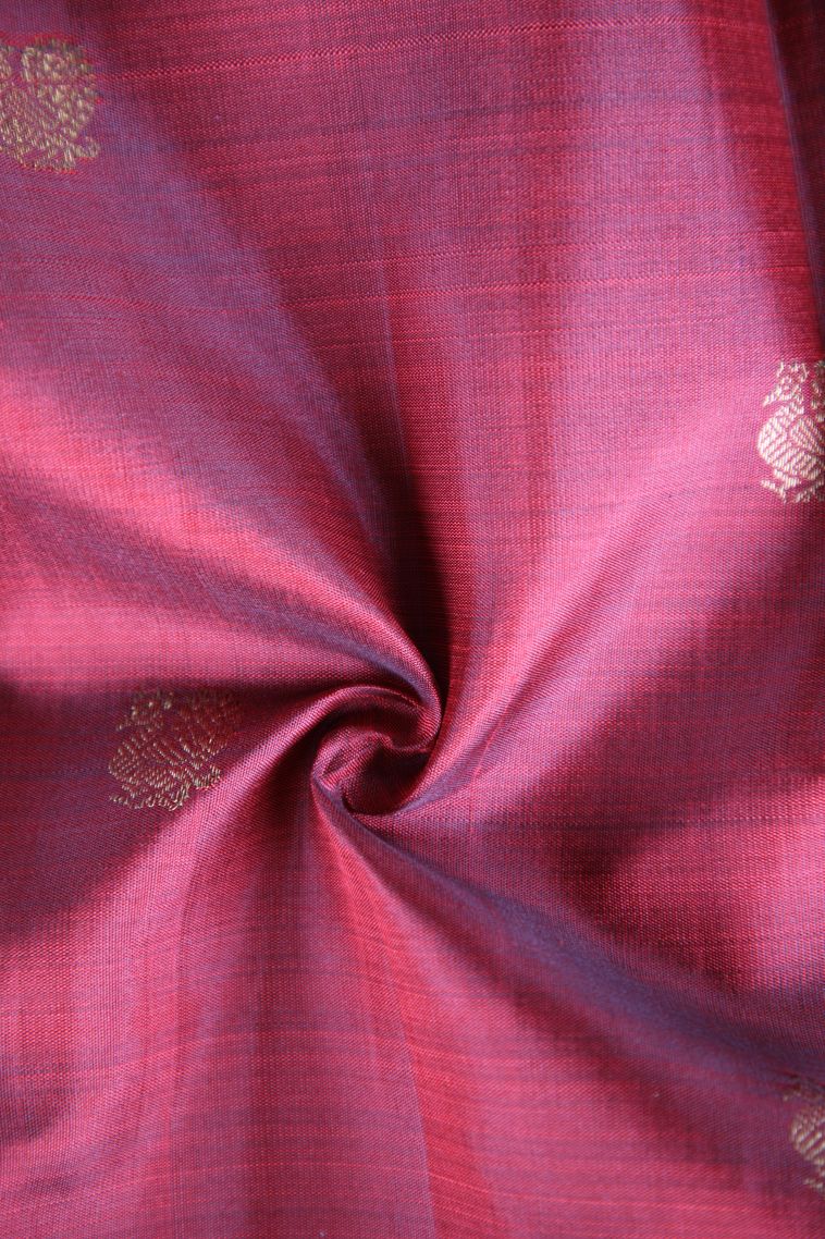 Cherry Red Kanchipuram Silk Sarees with Gold Zari Peacock Motifs view 4