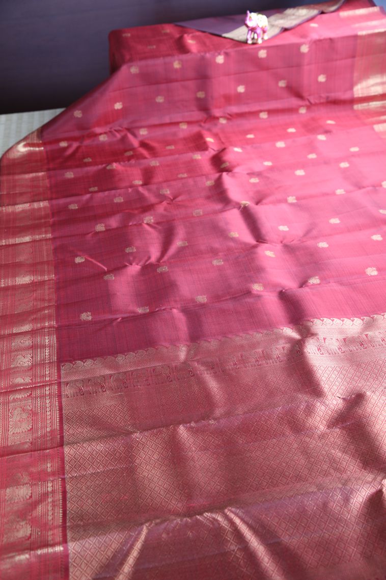 Cherry Red Kanchipuram Silk Sarees with Gold Zari Peacock Motifs view 2