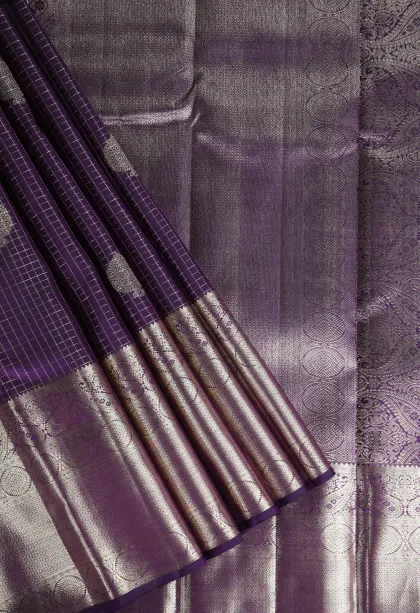Mauve Purple Kanchipuram Silk Sarees with Gold Zari Small Checks Pattern
