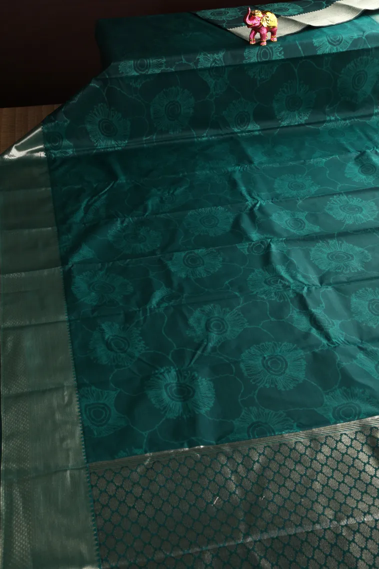 Ocean Blue Soft Silk Sarees with Bronze Zari Floral Patterns view 2