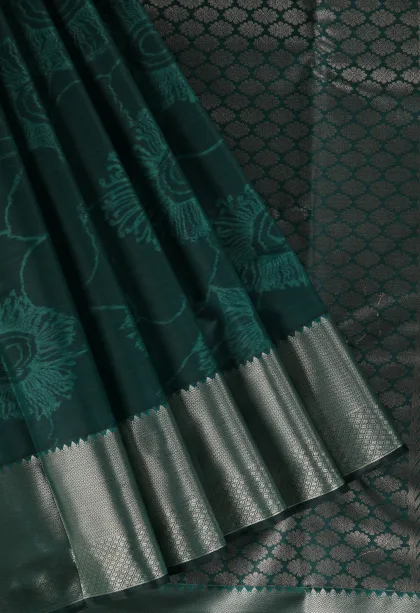 Ocean Blue Soft Silk Sarees with Bronze Zari Floral Patterns