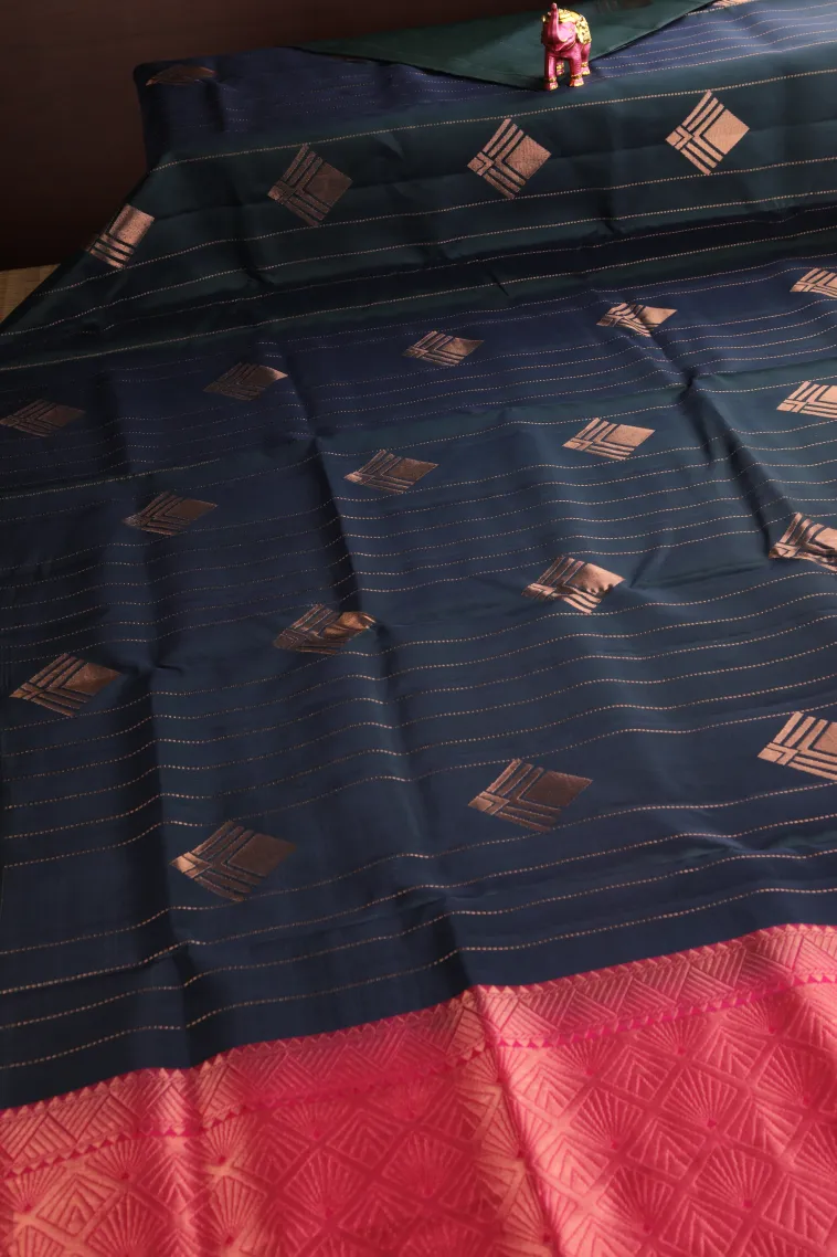 Aegean Blue Soft Silk Saree with Copper Zari Straipes And Puttas view 2