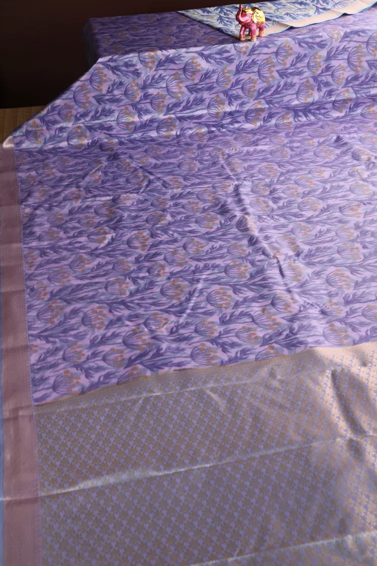 Lavender Purple Soft Silk Sarees with Bronze Zari Floral Patterns view 2