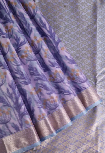 Lavender Purple Soft Silk Sarees with Bronze Zari Floral Patterns