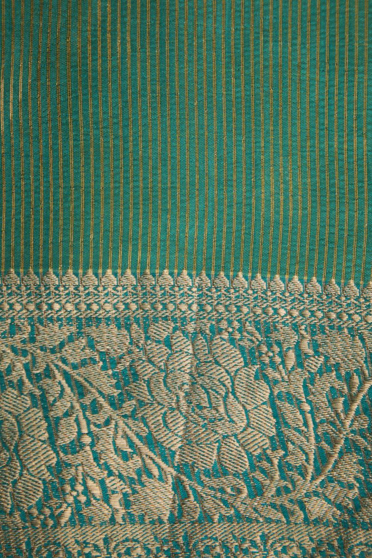 Teal Blue Raw Silk Sarees Gold Zari with Floral Puttas view 3