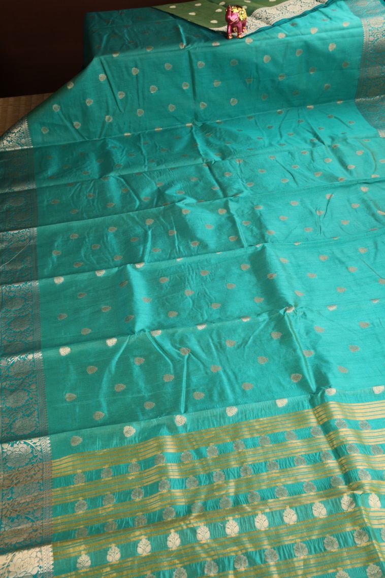 Teal Blue Raw Silk Sarees Gold Zari with Floral Puttas view 2