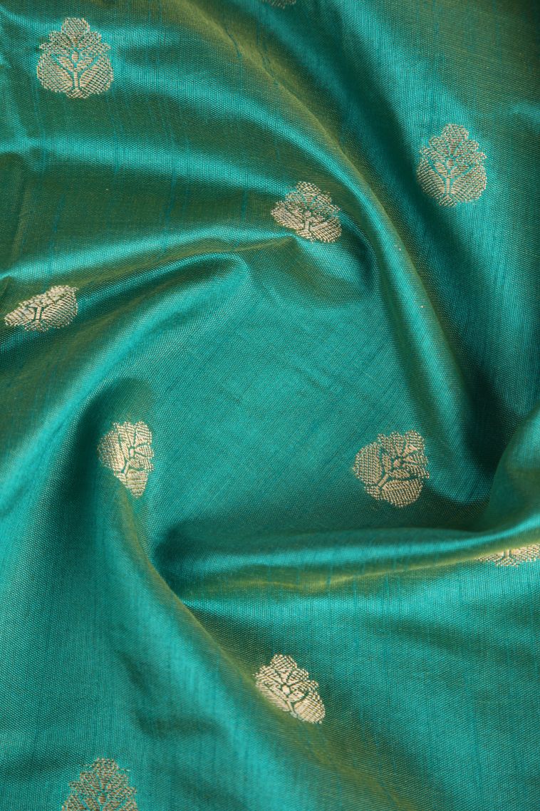Teal Blue Raw Silk Sarees Gold Zari with Floral Puttas view 4