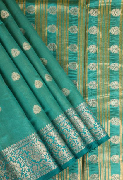 Teal Blue Raw Silk Sarees Gold Zari with Floral Puttas