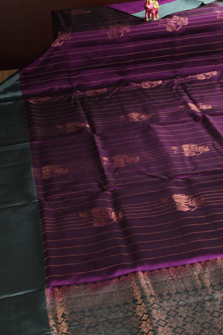 Viola Purple Soft Silk Saree with Copper Zari Straipes And Puttas view 2