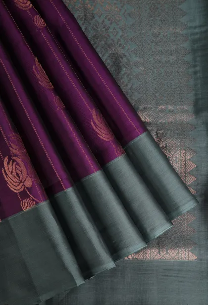 Viola Purple Soft Silk Saree with Copper Zari Straipes And Puttas