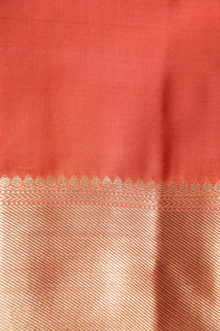 Carrot Orange Kanchipuram Silk Sarees with Gold Zari Floral Patterns view 3
