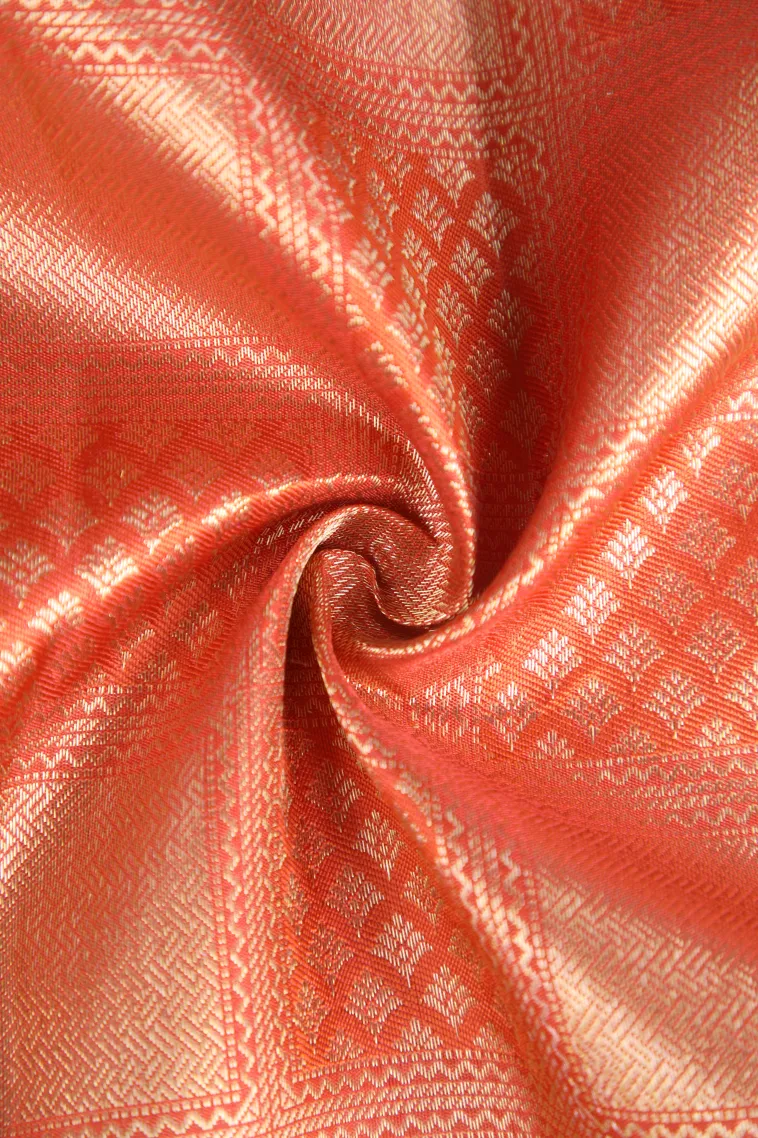 Carrot Orange Kanchipuram Silk Sarees with Gold Zari Floral Patterns view 4