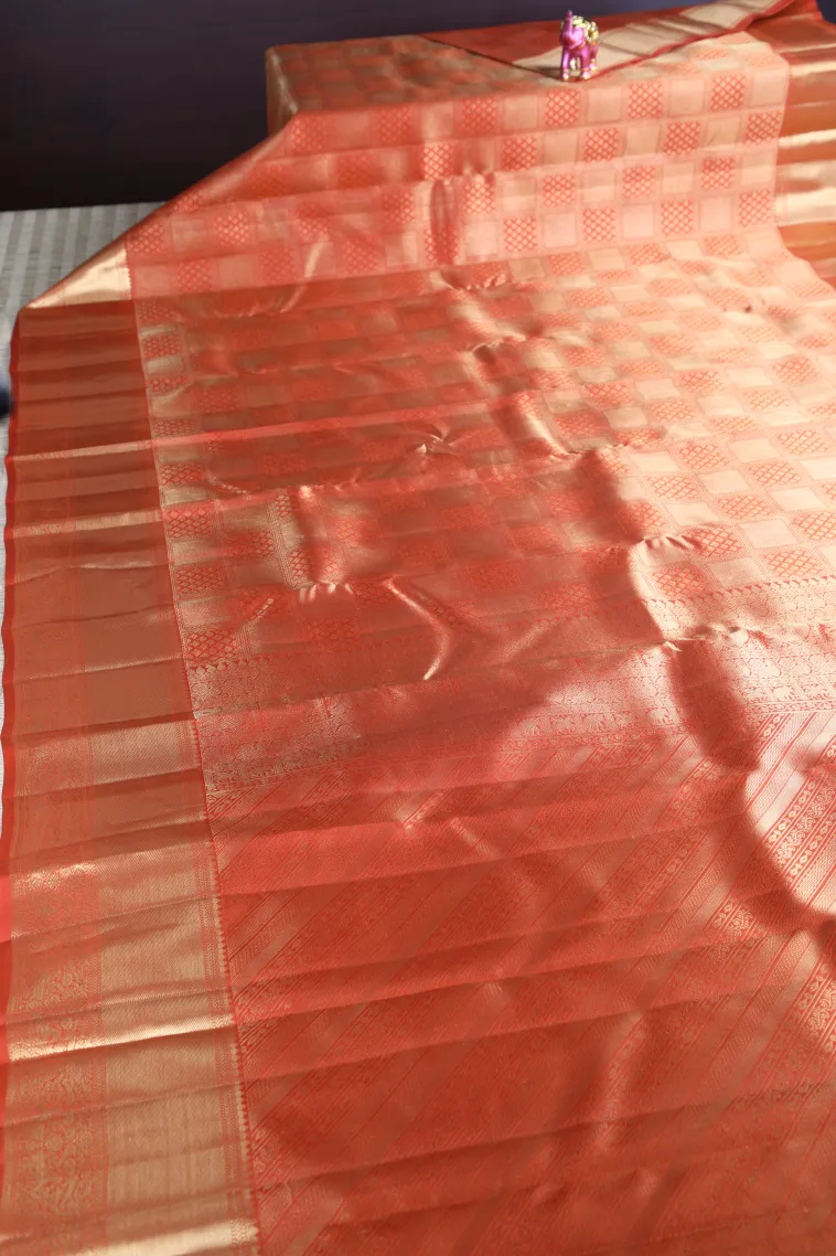 Carrot Orange Kanchipuram Silk Sarees with Gold Zari Floral Patterns view 2