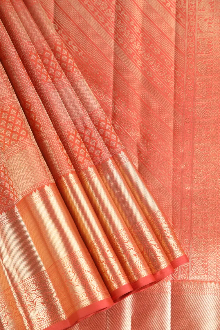 Carrot Orange Kanchipuram Silk Sarees with Gold Zari Floral Patterns view 1