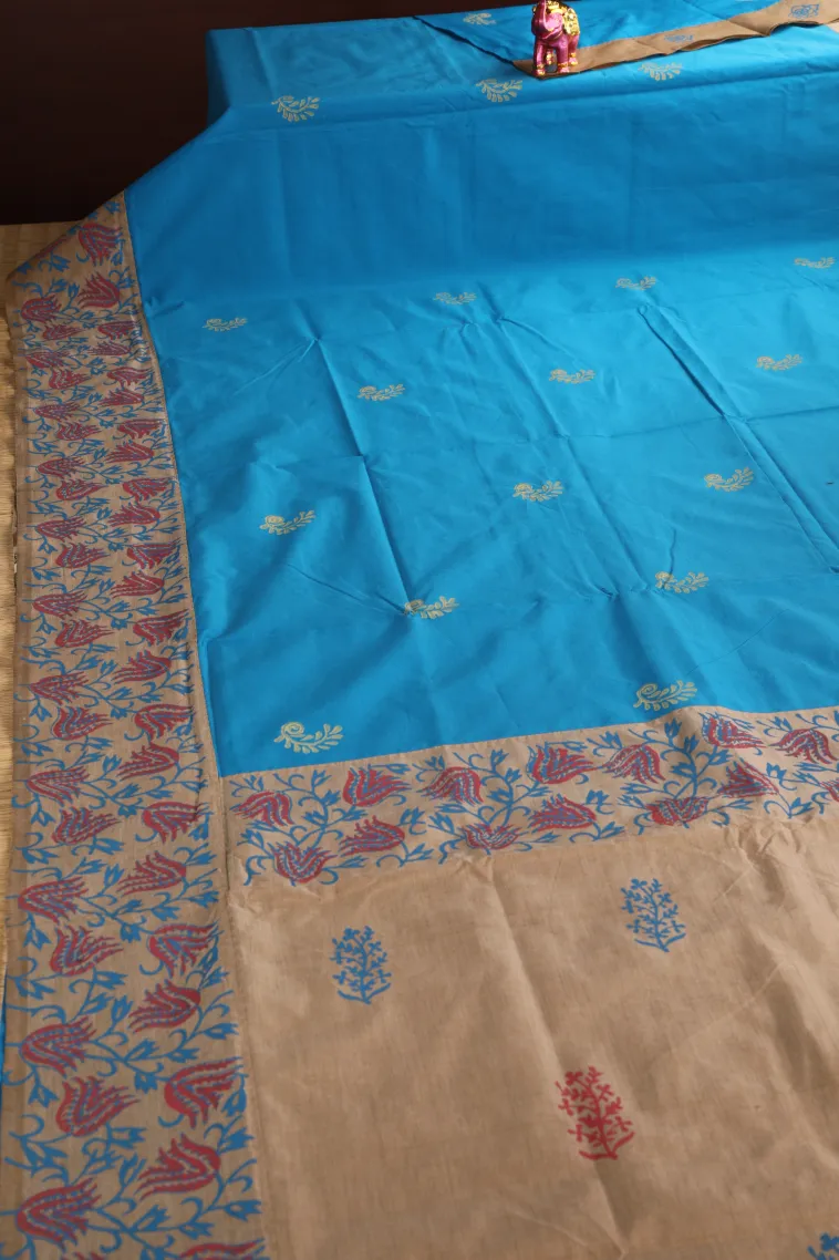 Cerulean Blue Poly Cotton Sarees Without Zari With Floral Puttas view 2