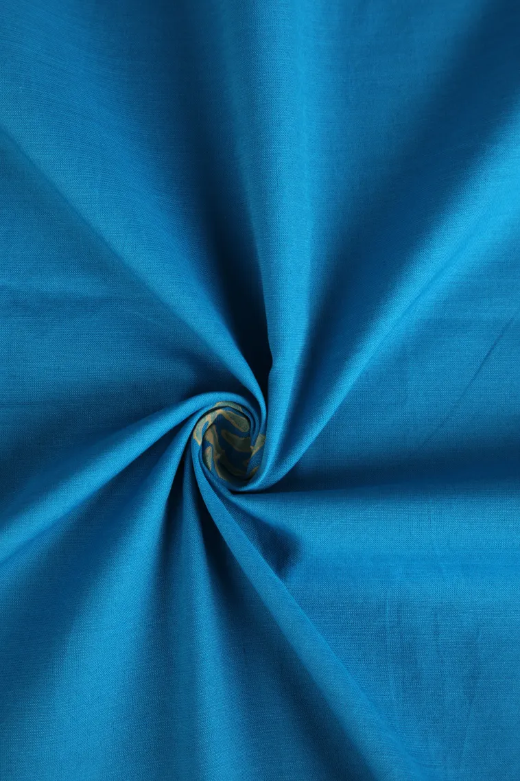 Cerulean Blue Poly Cotton Sarees Without Zari With Floral Puttas view 4