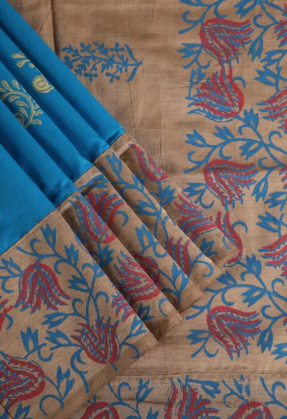 Cerulean Blue Poly Cotton Sarees Without Zari With Floral Puttas