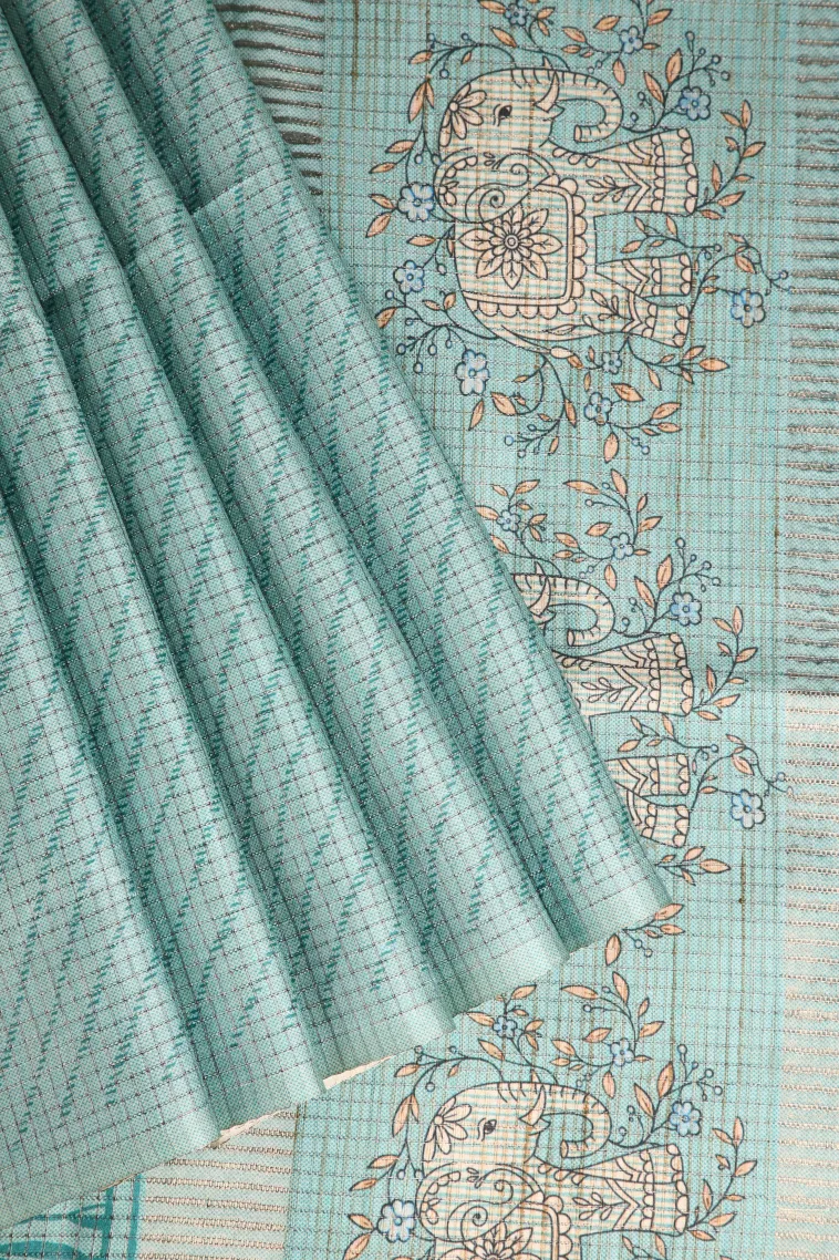Sky Blue Tussar Saree Without Zari With Animal Mottif view 1