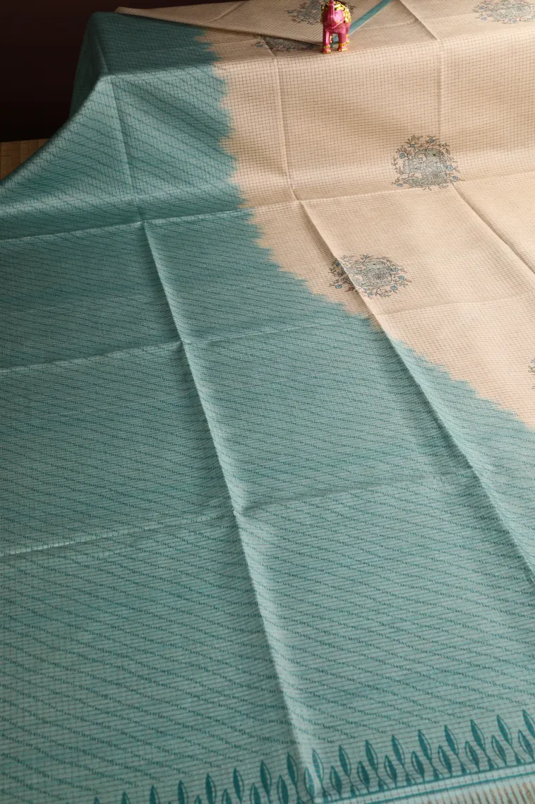Sky Blue Tussar Saree Without Zari With Animal Mottif view 2