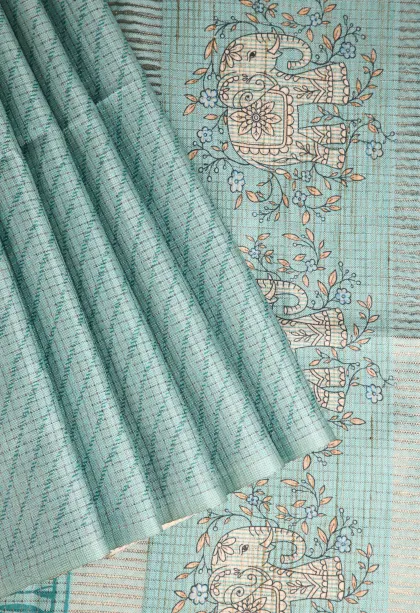 Sky Blue Tussar Saree Without Zari With Animal Mottif