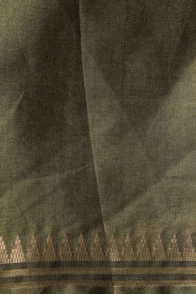 Olive Green Semi Raw Silk Printed Without Zari With Cross Straipes view 3