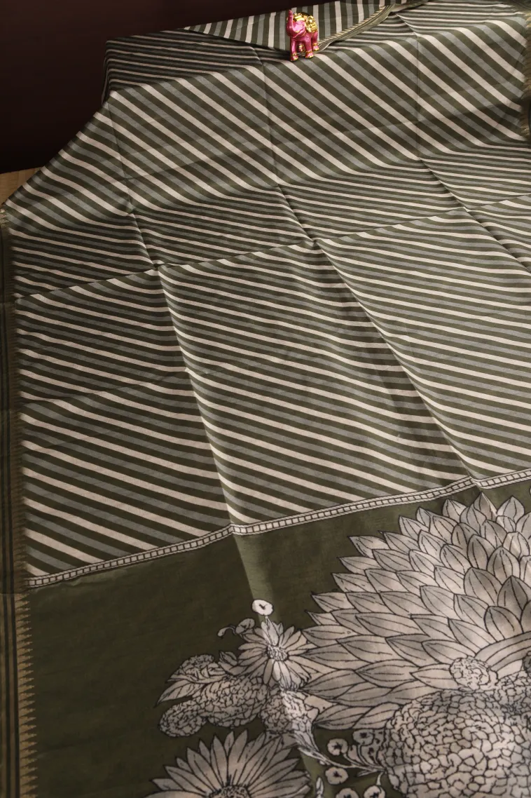 Olive Green Semi Raw Silk Printed Without Zari With Cross Straipes view 2