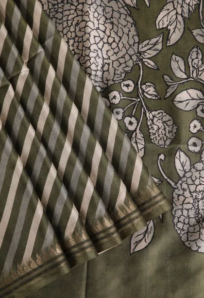 Olive Green Semi Raw Silk Printed Without Zari With Cross Straipes