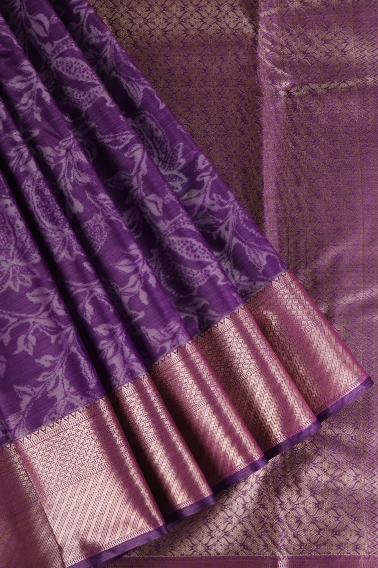 Mauve Purple Soft Silk Sarees with Bronze Zari Floral Patterns