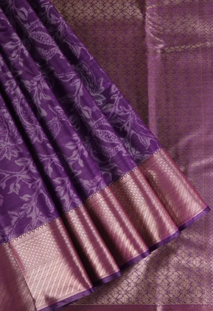 Mauve Purple Soft Silk Sarees with Bronze Zari Floral Patterns