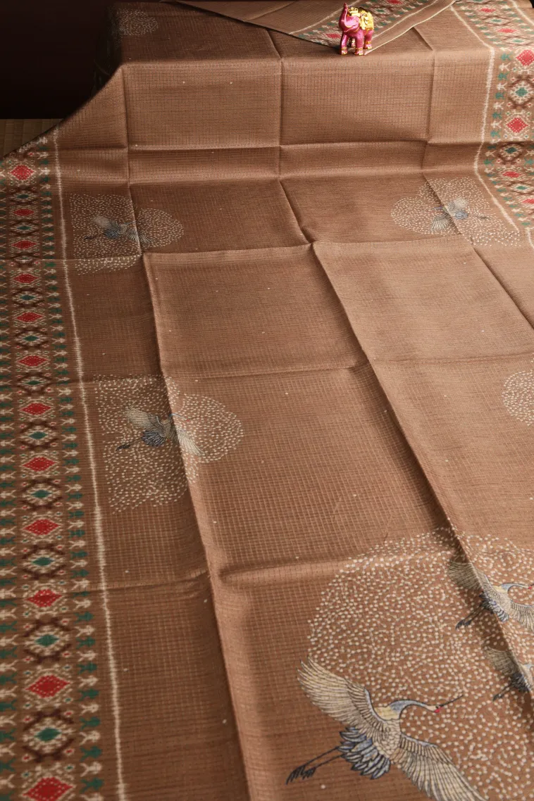 Peanut Brown Tussar Saree Without Zari With Birds Mottif view 2